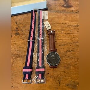 Daniel Wellington Black Dial Watch with Brown Leather Strap and Navy Pink NATO